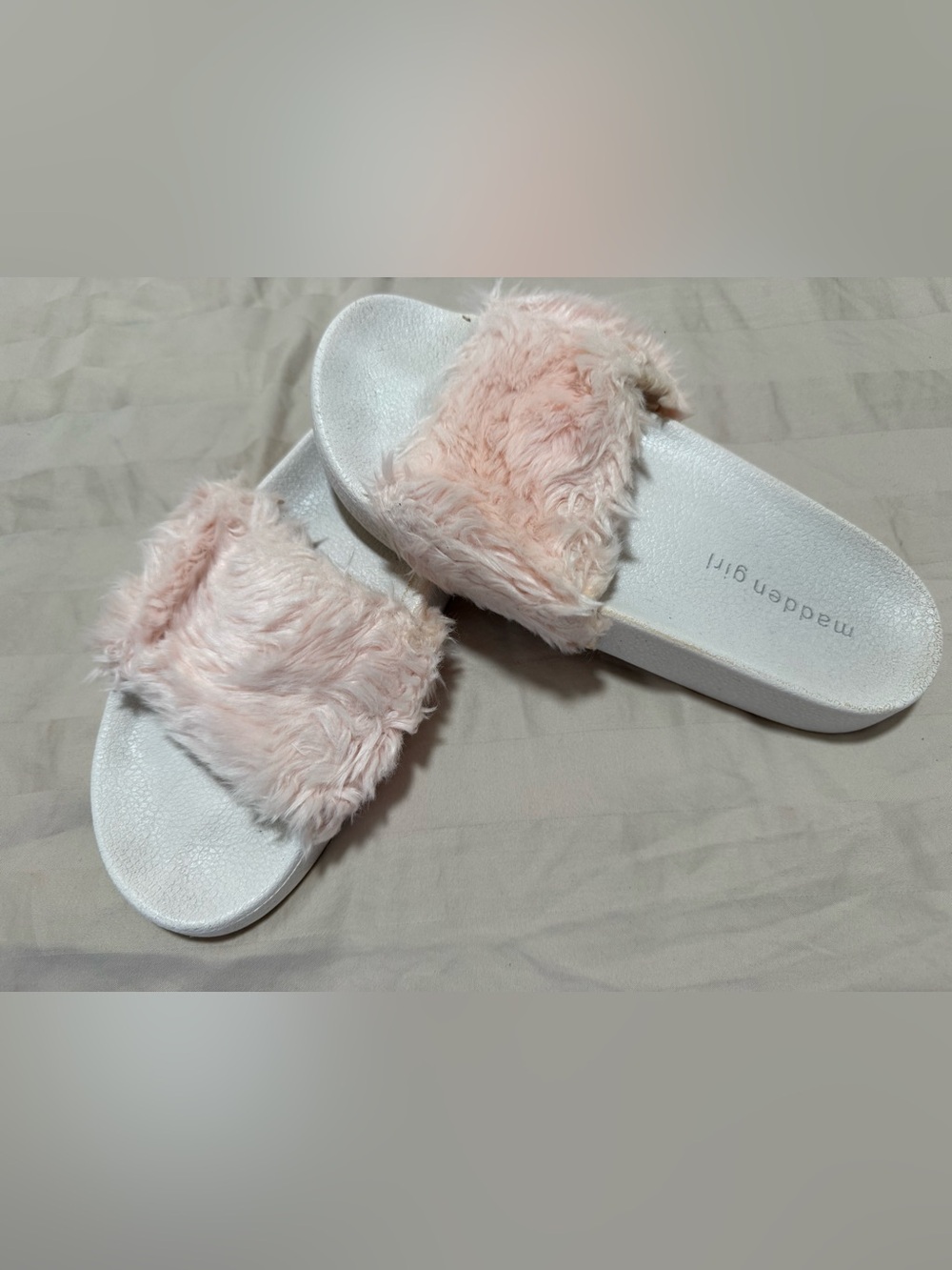 Madden Girl Pink Faux Fur Slide Sandals